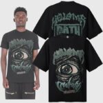 Front and back view of the black Hellstar Eye T-shirt featuring an intricate, weathered all-seeing eye graphic.
