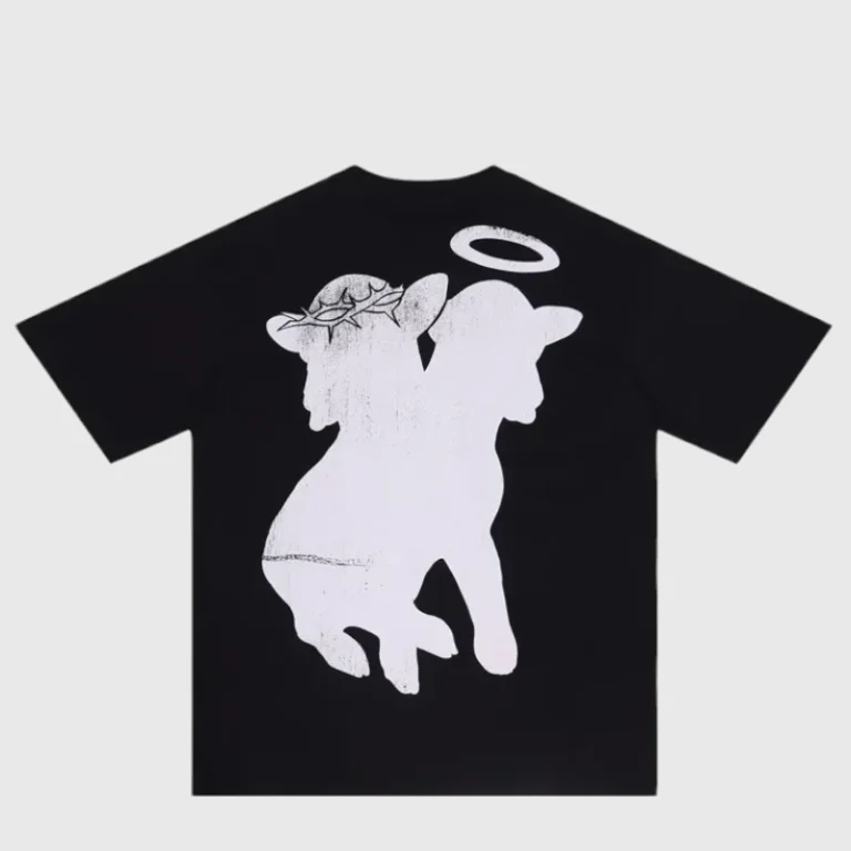Black Hellstar Faith T-shirt featuring a white graphic print of two lambs, one with a crown of thorns and one with a halo.