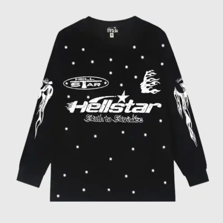 Black Hellstar long sleeve t-shirt with Faith to Paradise graphic and star pattern print design.