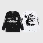 Hellstar Faith To Paradise black and white long sleeve shirt featuring star and flame graphics on display.