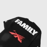 The back view of a black Hellstar Family T-shirt featuring bold white lettering and a red graphic print.