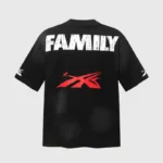 Back view of the black Hellstar Family Letter Printed T-Shirt featuring bold white lettering and a red logo graphic.