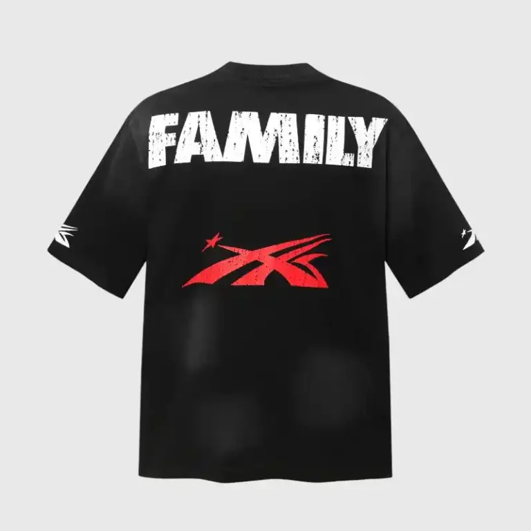 Back view of the black Hellstar Family Letter Printed T-Shirt featuring bold white lettering and a red logo graphic.