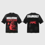 Front and back view of the black Hellstar Family cotton graphic t-shirt with red and white flame logo prints.