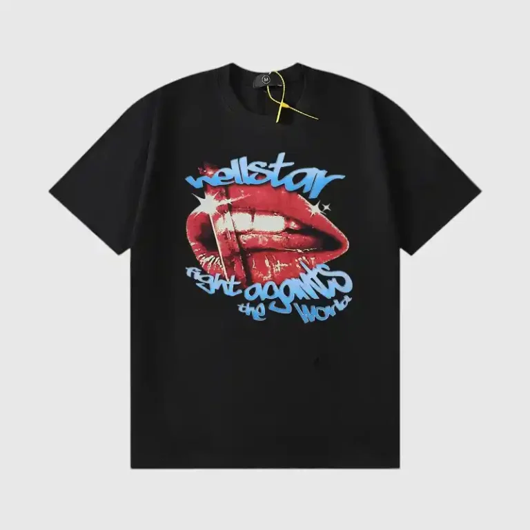 Hellstar Fight Against The World black graphic T-shirt with a vintage washed effect and unique lip design.