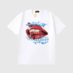 Hellstar "Fight Against The World" white unisex cotton T‑shirt featuring vintage washed red lips graphic and blue script logo