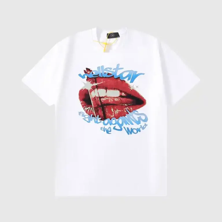 Hellstar "Fight Against The World" white unisex cotton T‑shirt featuring vintage washed red lips graphic and blue script logo