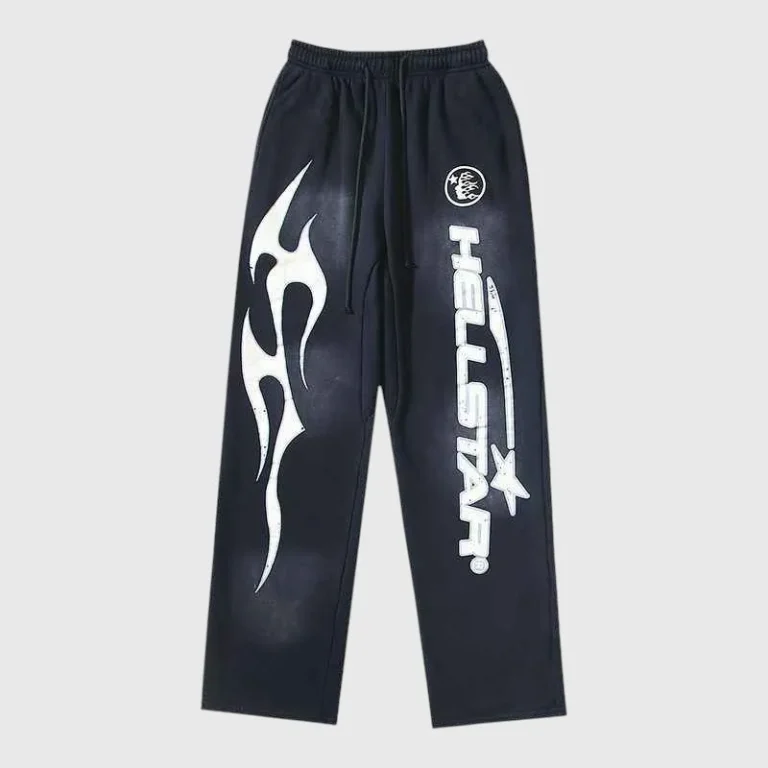Black Hellstar Fire elastic sweatpants featuring a bold white flame graphic and logo for a streetwear inspired look.