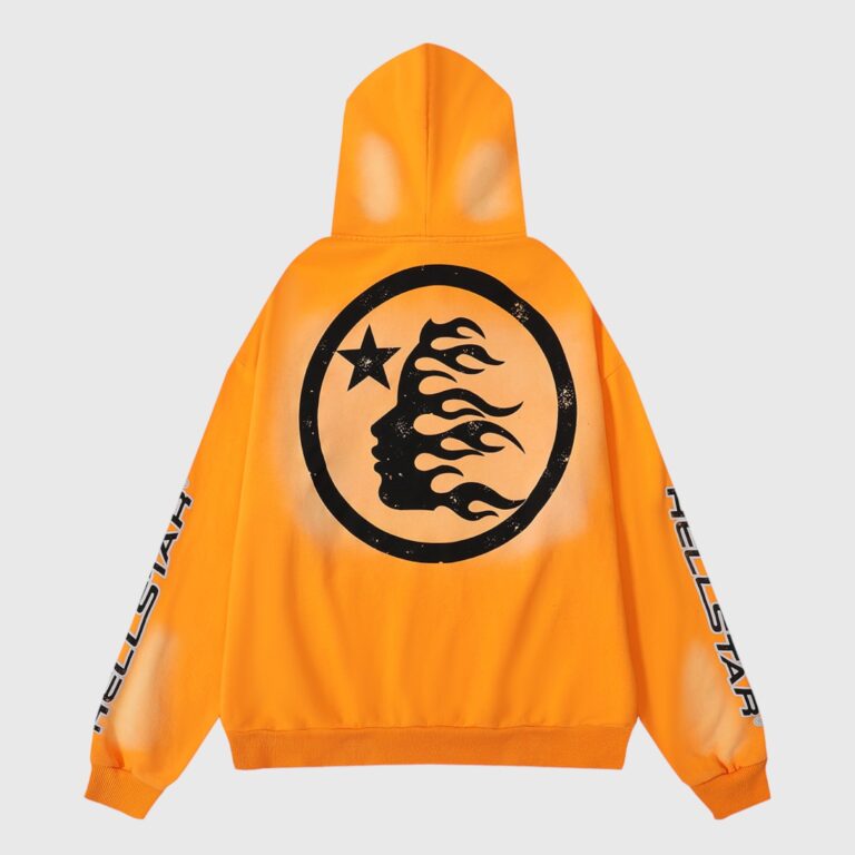 Hellstar Fire Orange Dye Hoodie featuring a black flaming head logo and star graphic print on the back view.