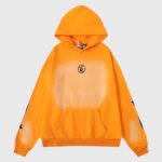 Hellstar Fire Orange Dye Hoodie in a relaxed vintage washed fleece fabric with graphic screen print front view.