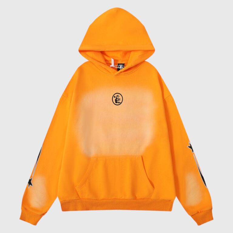 Hellstar Fire Orange Dye Hoodie in a relaxed vintage washed fleece fabric with graphic screen print front view.