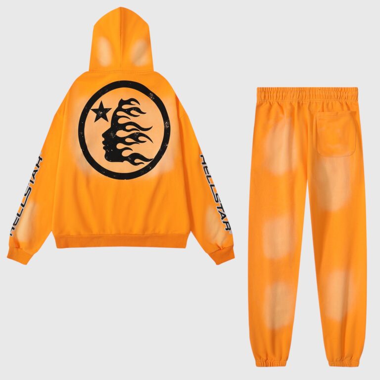 Hellstar Fire Orange dye unisex tracksuit set with back flame-profile logo, hoodie and cuffed sweatpants for streetwear