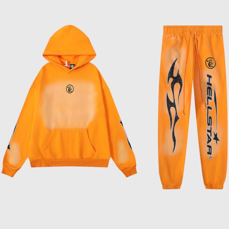 Hellstar Fire Orange Dye unisex tracksuit hoodie and joggers with faded flame graphics, drawstring waist, cuffed ankles