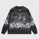 Back view of the Hellstar Flame 33 mesh long sleeve tee featuring a black and white flame graphic and jersey style numbering.