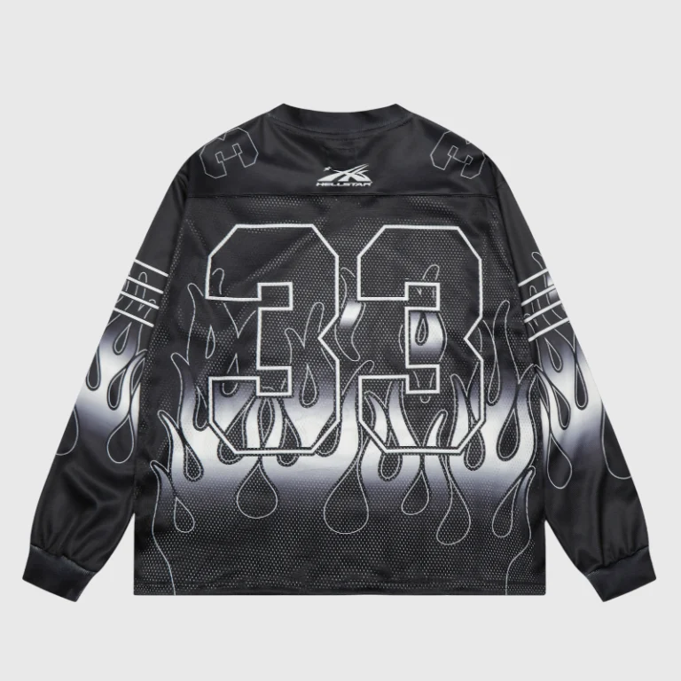 Back view of the Hellstar Flame 33 mesh long sleeve tee featuring a black and white flame graphic and jersey style numbering.