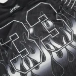 Hellstar Flame 66 Mesh Long Sleeve Tee features a black graphic print with bold white numbers and flame detailing.