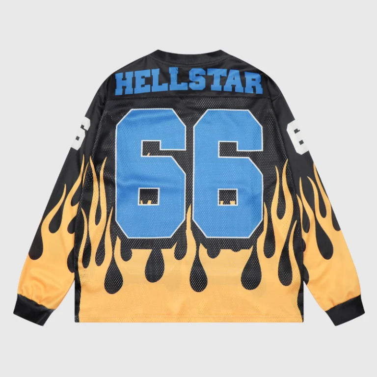 Hellstar Flame 66 black mesh long sleeve tee featuring blue lettering and fiery orange flame graphic design details.