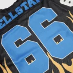 Black Hellstar Flame 66 mesh long sleeve tee featuring a large blue number 66 print and orange flame graphics.