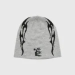 The Hellstar Flame Beanie in grey features a vibrant black flame graphic and logo, perfect for winter streetwear.