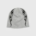 Grey Hellstar beanie featuring black flame graphics and subtle rhinestone embellishments on a plain background