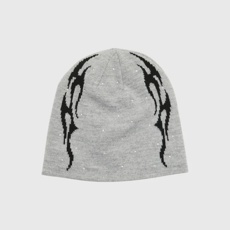 Grey Hellstar beanie featuring black flame graphics and subtle rhinestone embellishments on a plain background