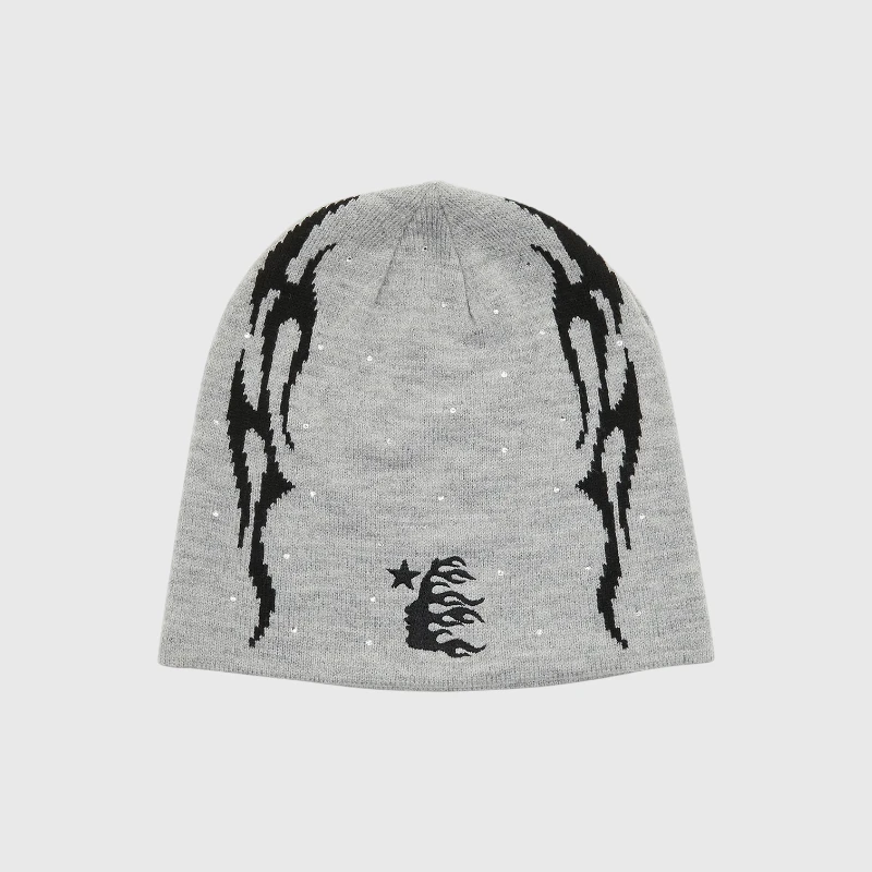 Hellstar Flame Beanie Grey The Hellstar Flame Beanie in grey features a vibrant black flame graphic and logo, perfect for winter streetwear.