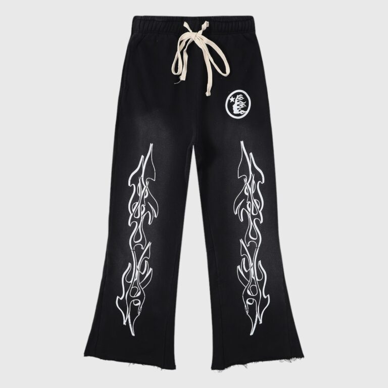 Hellstar Flame Flare Black Sweatpants with white graphic prints and drawstring closure in a vintage washed fleece style
