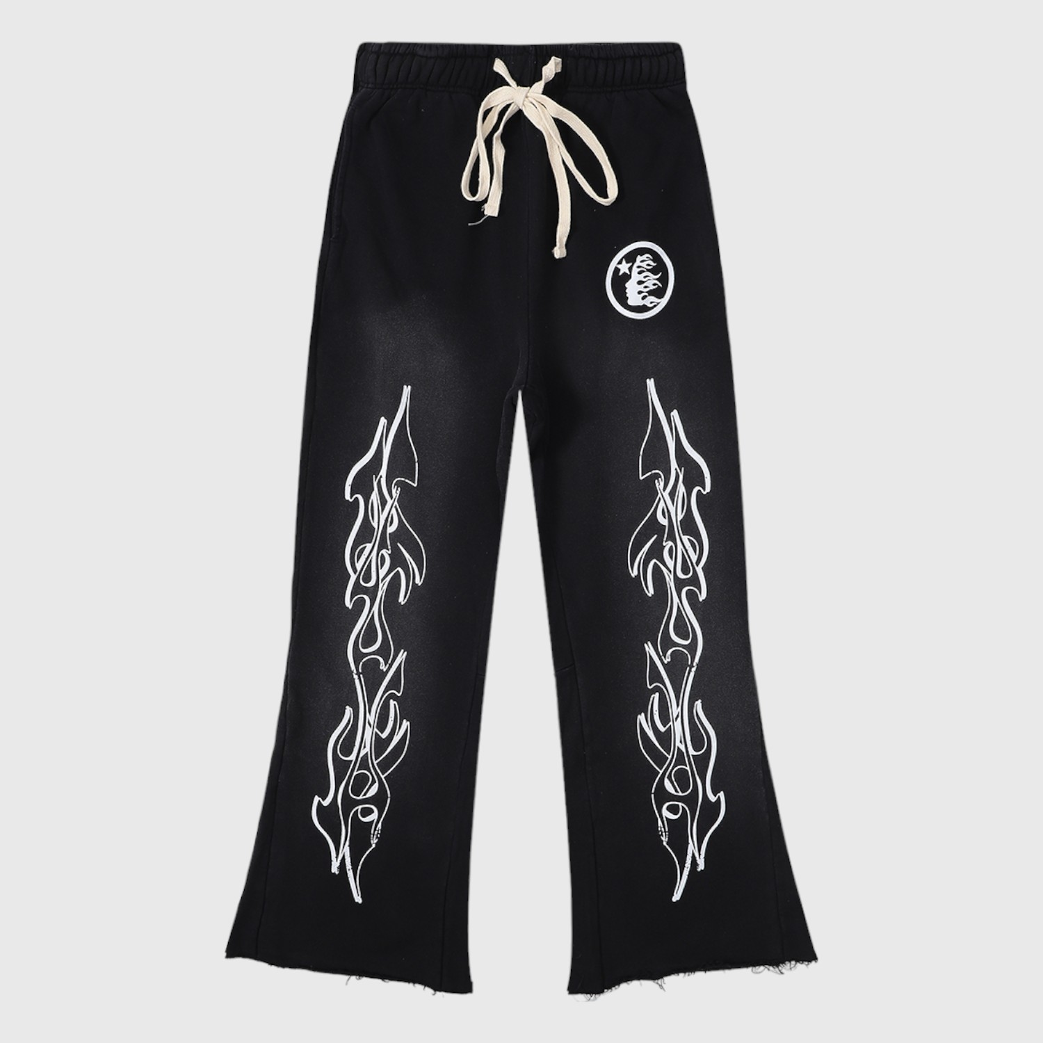 Hellstar Flame Flare Black Sweatpants Hellstar Flame Flare Black Sweatpants with white graphic prints and drawstring closure in a vintage washed fleece style