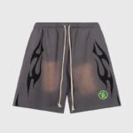 Grey Hellstar flame graphic shorts featuring a comfortable fleece cotton blend fabric and an adjustable drawstring waist.