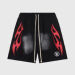Black Hellstar Flame Shorts with red graphic print, featuring a drawstring waistband and premium cotton fabric.