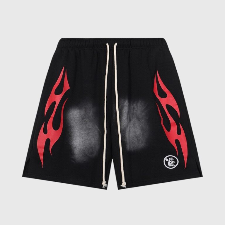 Black Hellstar Flame Shorts with red graphic print, featuring a drawstring waistband and premium cotton fabric.