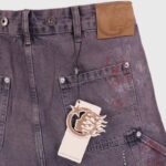 Hellstar flame studded denim shorts in distressed dark vintage wash with branded leather patch and hang tag detail