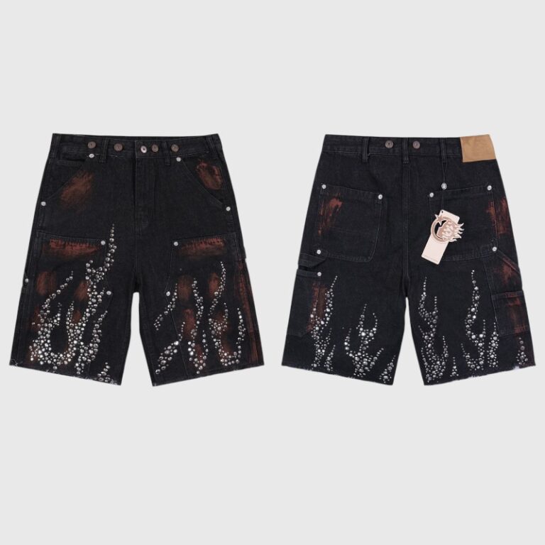 Front and back view of Hellstar Flame Studded Denim Shorts, featuring distressed black denim and silver studs.