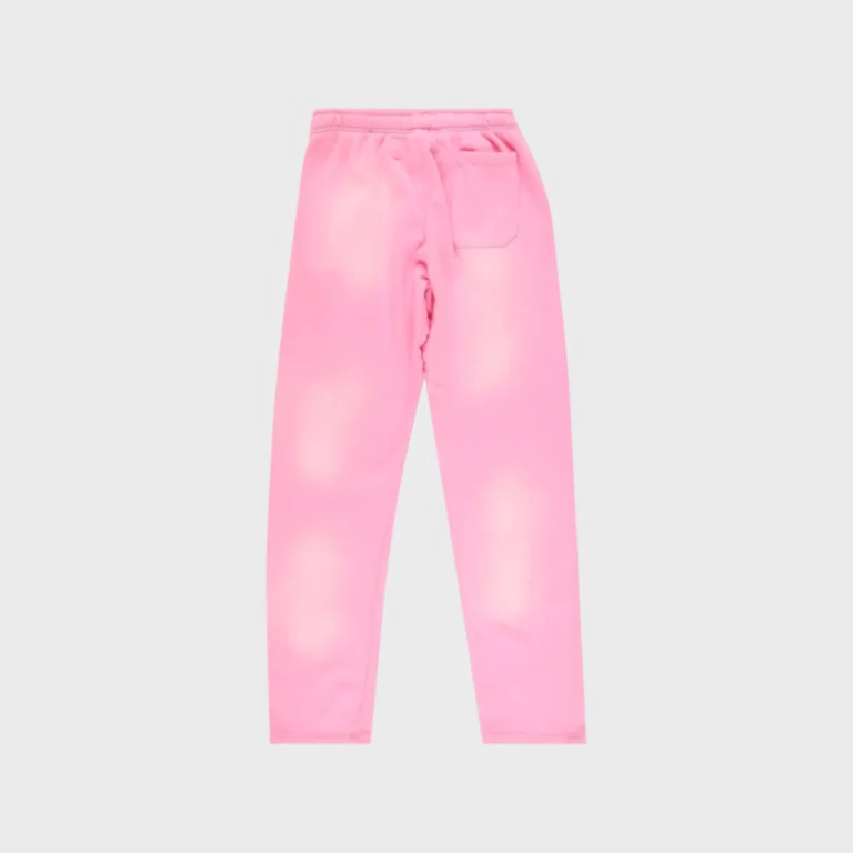 A pair of pink Hellstar Flame sweatpants made from heavyweight fleece cotton, shown from the back view for streetwear.