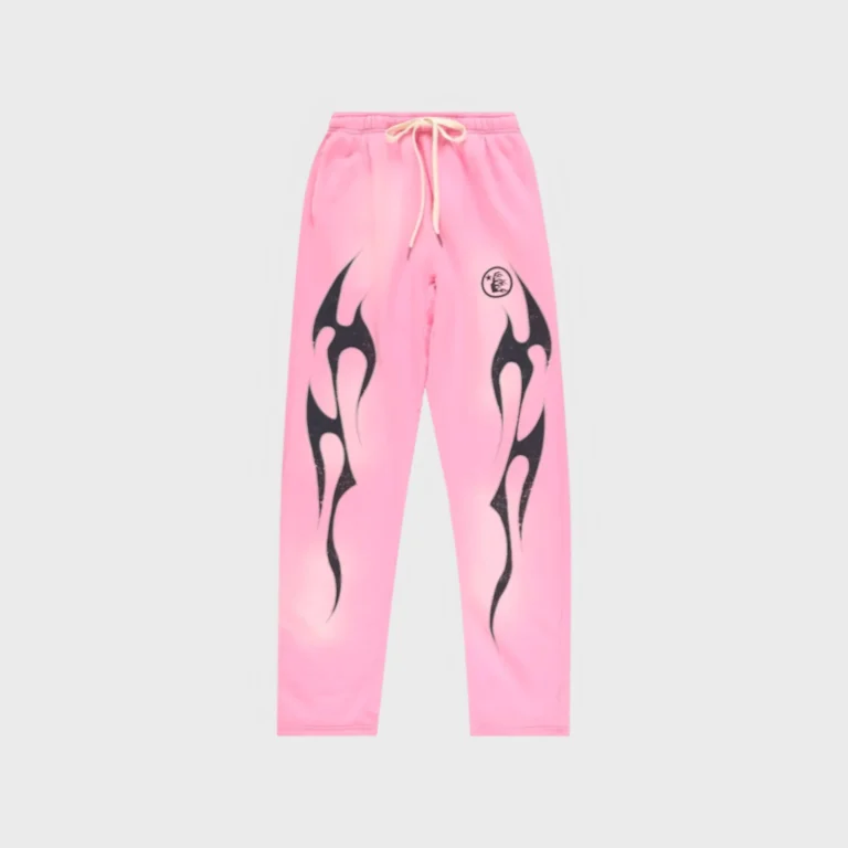 Hellstar Flame sweatpants in pink featuring iconic black flame graphics and an adjustable drawstring waistband.