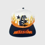 Hellstar Flame Vintage Snapback Hat in cream and navy with embroidered flame graphic and adjustable snapback closure.