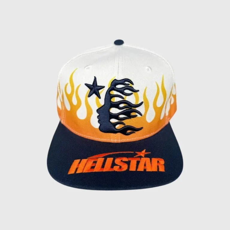 Hellstar Flame Vintage Snapback Hat in cream and navy with embroidered flame graphic and adjustable snapback closure.