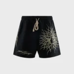 Front view of black Hellstar Flame Yang shorts with a distinctive white tribal sun flame graphic on the leg.