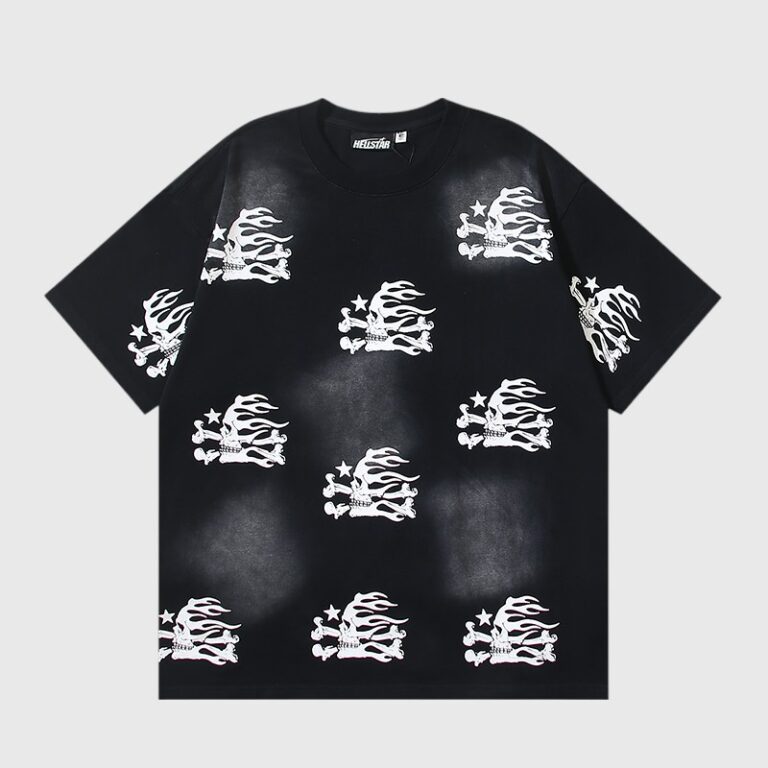 Black Hellstar T-shirt featuring an all-over screen-printed pattern of white and grey flaming skulls and crossbones.