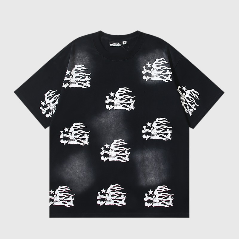 Hellstar Flaming Skull Graphic T Shirt Black Hellstar T-shirt featuring an all-over screen-printed pattern of white and grey flaming skulls and crossbones.