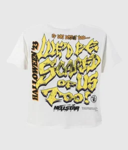 Back view of the white Hellstar Frankenstein T-shirt featuring yellow graffiti-style Halloween 23 graphic print.