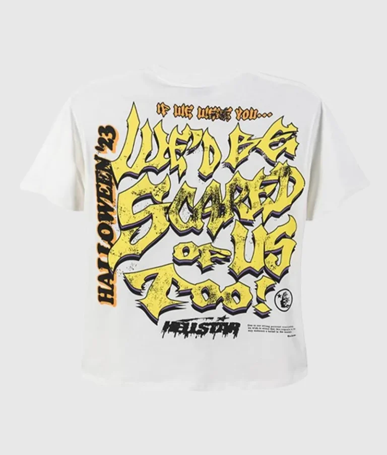 Back view of the white Hellstar Frankenstein T-shirt featuring yellow graffiti-style Halloween 23 graphic print.