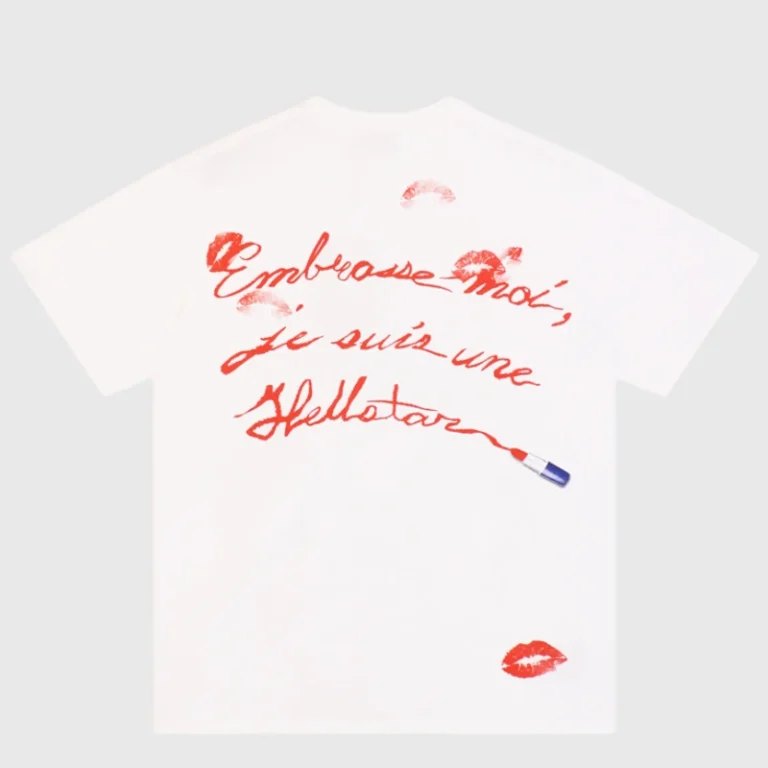 Back view of the Hellstar French Kisses Print T-Shirt with red cursive text and lipstick graphic on beige cotton.