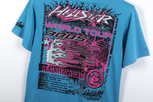 Back view of the Hellstar Future blue short sleeve graphic tee shirt with tour dates and pink abstract designs