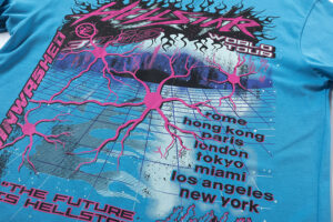 Back view of the blue Hellstar Future short sleeve graphic tee featuring a vintage washed design and city print.
