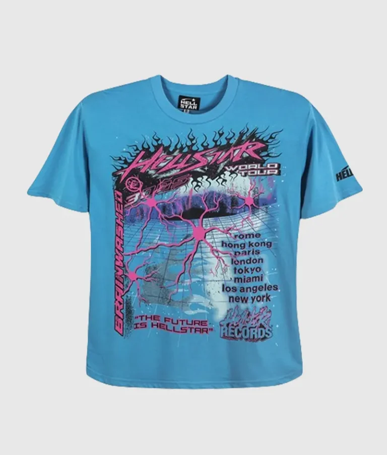 Hellstar Future short sleeve blue vintage washed t-shirt with front graphic tour print, 100% cotton unisex design.