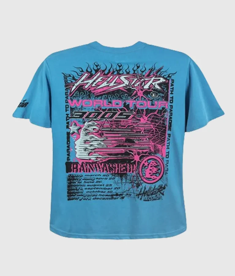 Back view of the blue Hellstar Future short sleeve graphic t-shirt featuring a vintage washed effect and tour print.