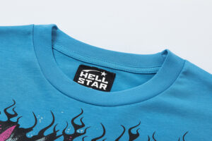 Close-up of the Hellstar Future blue short sleeve t-shirt neck label and brand logo detail on the cotton fabric.