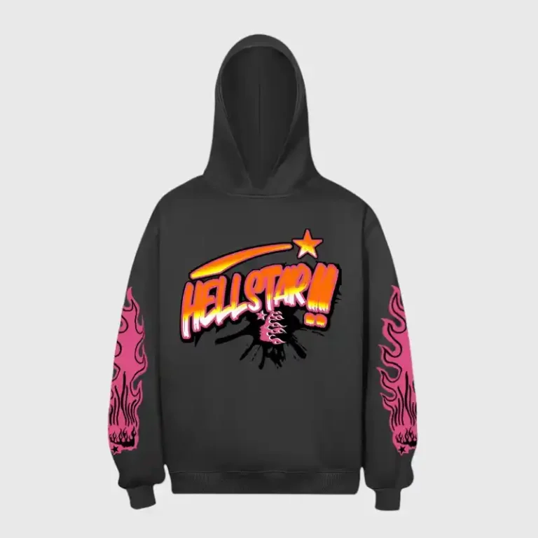 Hellstar Future Flame hoodie in dark grey featuring vibrant graphic prints on the chest and sleeves for streetwear.
