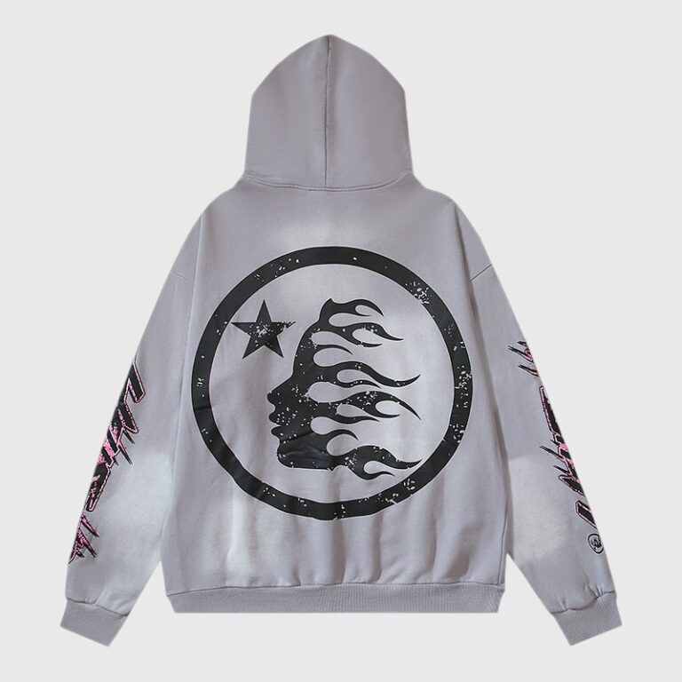 Grey Hellstar Future Flame hoodie featuring a black circular graphic with a star and silhouette on the back.